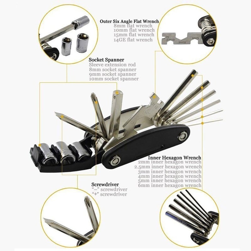 DAWAY B32 Bike Repair Tool Kit - 16-in-1 Multi-Function Bicycle Mechanic Fix Tools Set with Glueless Tire Tube Patches & Tire Levers, Compact Bag Included, Ideal Gift for Cyclists - Image 2